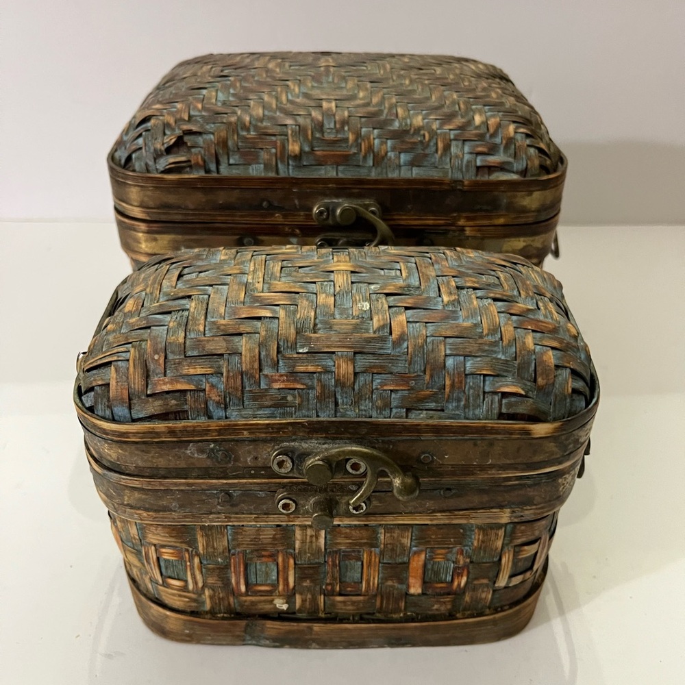 Vintage Bamboo Wicker And Brass Boxes With Handle Latch Woven Brown and Blue